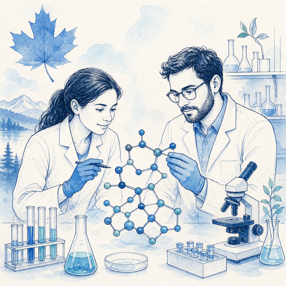 Illustration of Canadian researchers collaborating on biotechnology science